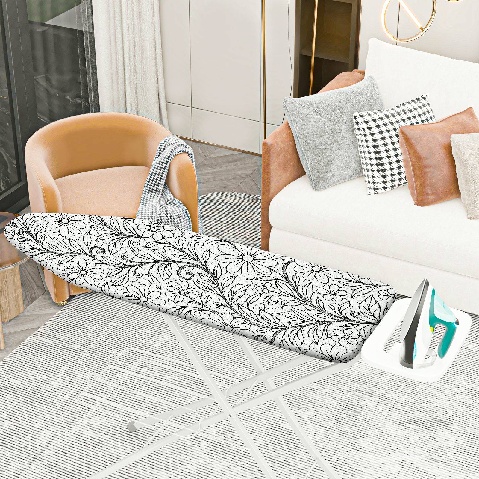 1-Piece Floral Pattern Leaf Design Black and White  Ironing Board Cover, Universal Size, Without Board