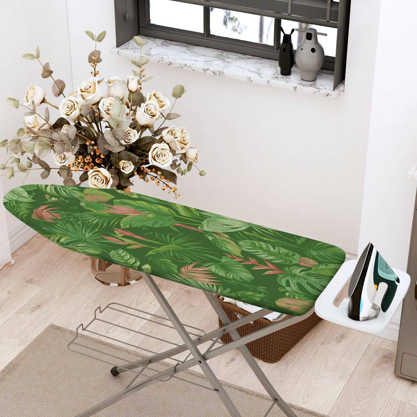 1-Piece Tropical Leaf Green Botanical  Ironing Board Cover, Universal Size, Without Board