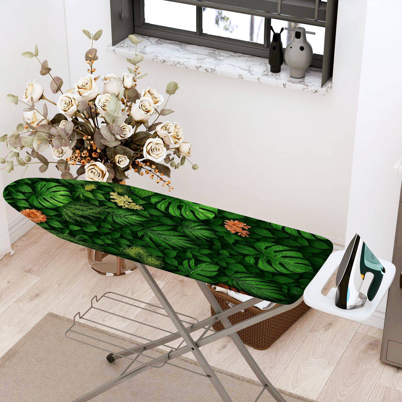 1-Piece Tropical Green Leaves Floral  Ironing Board Cover, Universal Size, Without Board