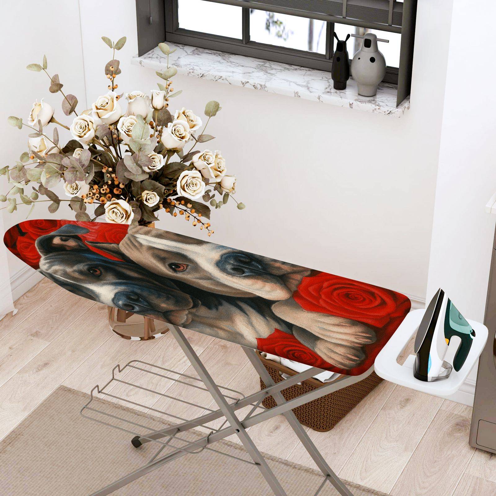 1-Piece Dog Rose Art  Ironing Board Cover, Universal Size, Without Board