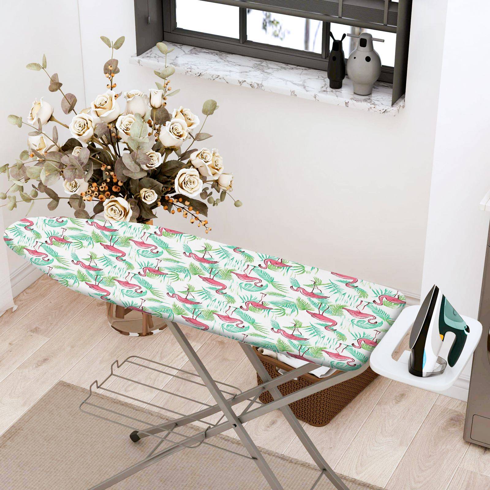 1-Piece Flamingo Green Tropical  Ironing Board Cover, Universal Size, Without Board