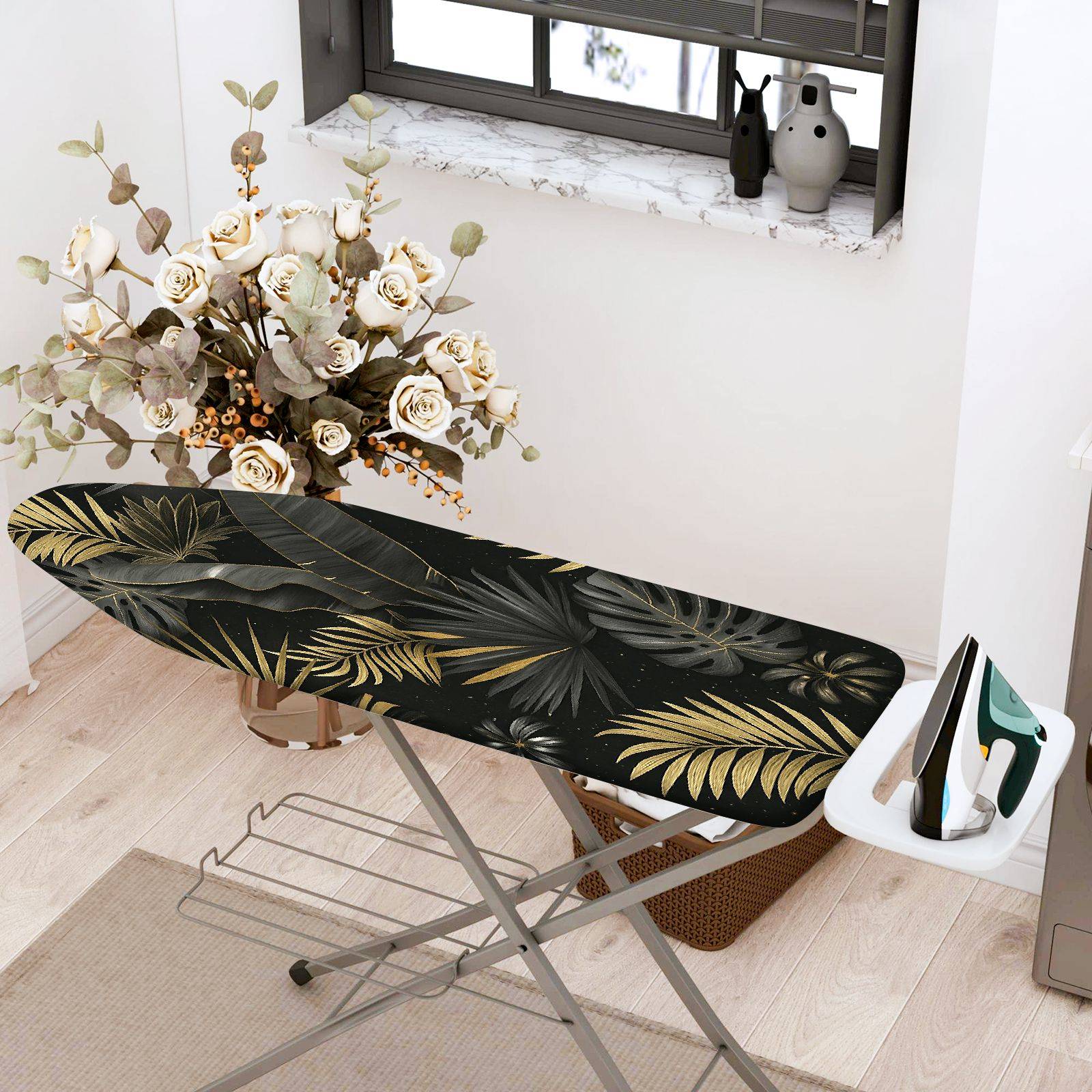 1-Piece Tropical Leaves Black Gold  Ironing Board Cover, Universal Size, Without Board