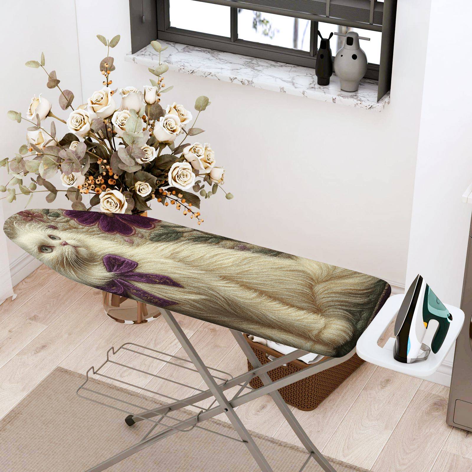 1-Piece Cat Floral Bow  Ironing Board Cover, Universal Size, Without Board