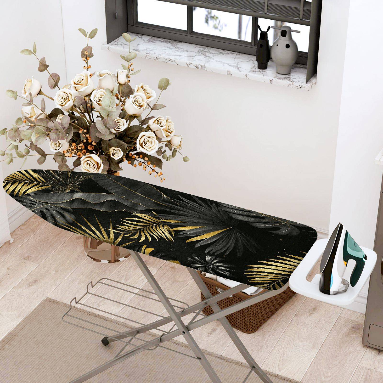 1-Piece Tropical Leaves Black Gold  Ironing Board Cover, Universal Size, Without Board
