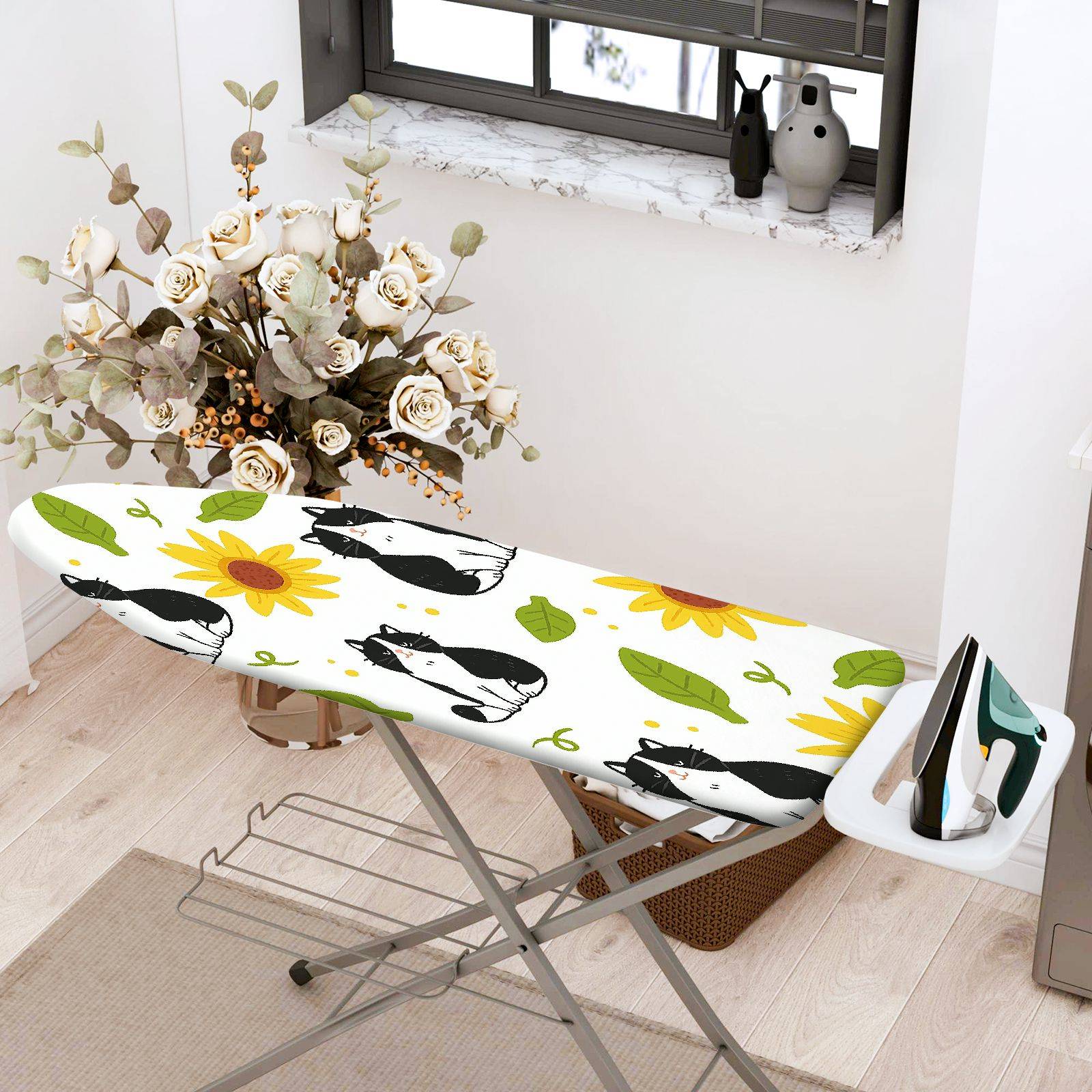 1-Piece Cats Sunflowers Leaves  Ironing Board Cover, Universal Size, Without Board