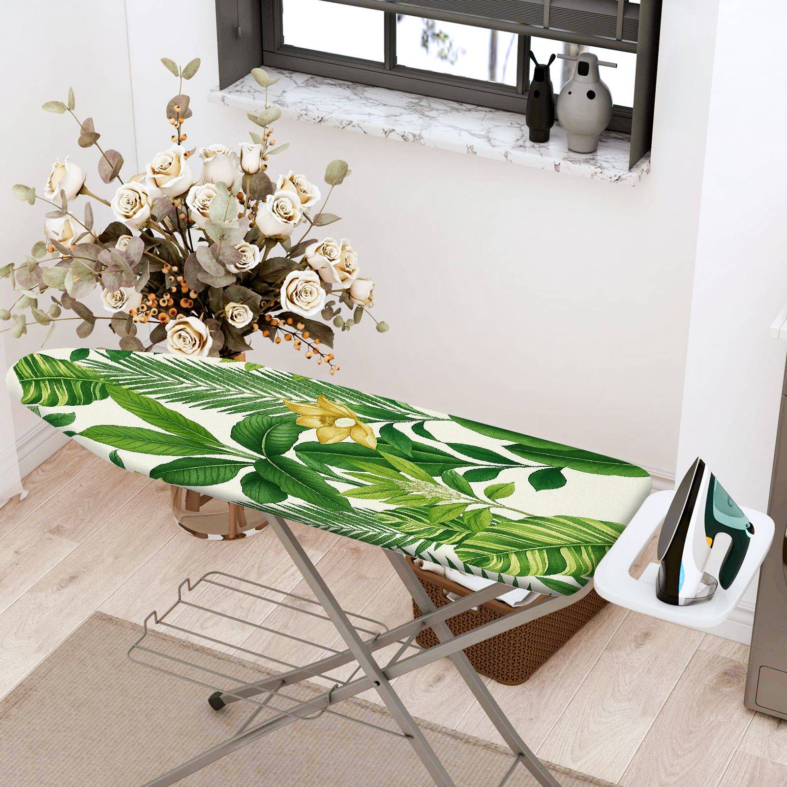 1-Piece Green Leaf Floral Tropical  Ironing Board Cover, Universal Size, Without Board