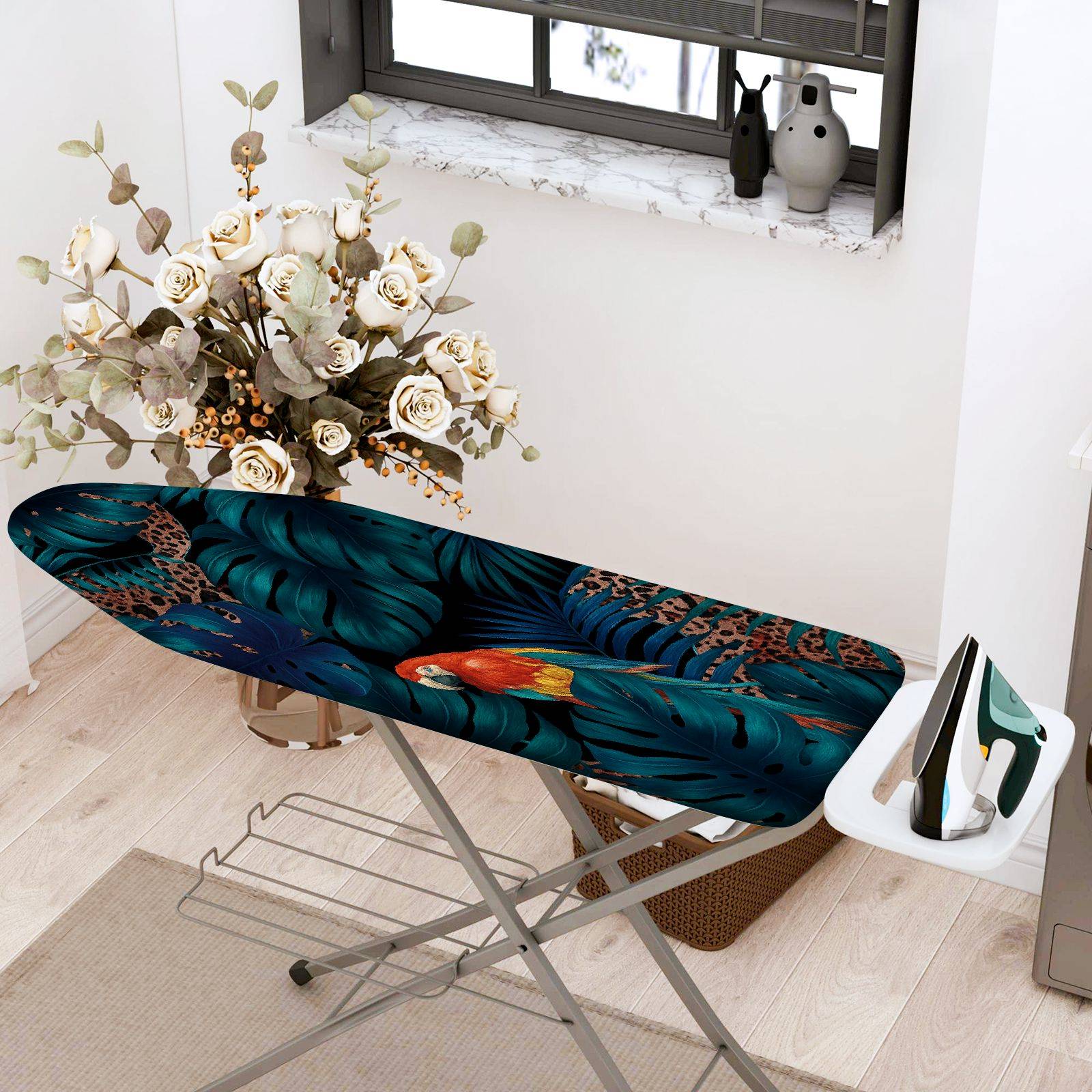 1-Piece Tropical Jungle Parrot Leaves  Ironing Board Cover, Universal Size, Without Board