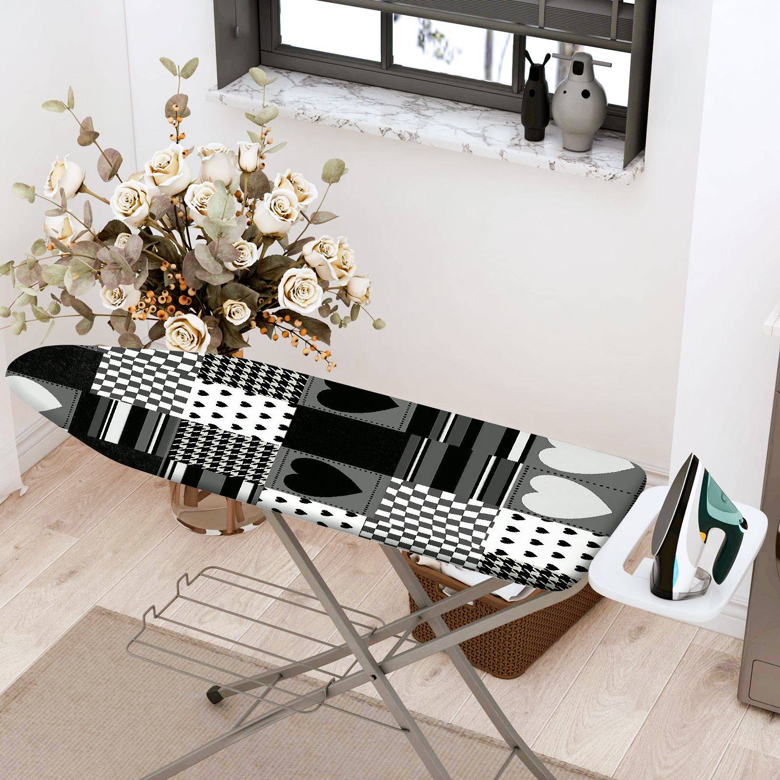 1-Piece Black White Heart Pattern Checkered Striped  Ironing Board Cover, Universal Size, Without Board