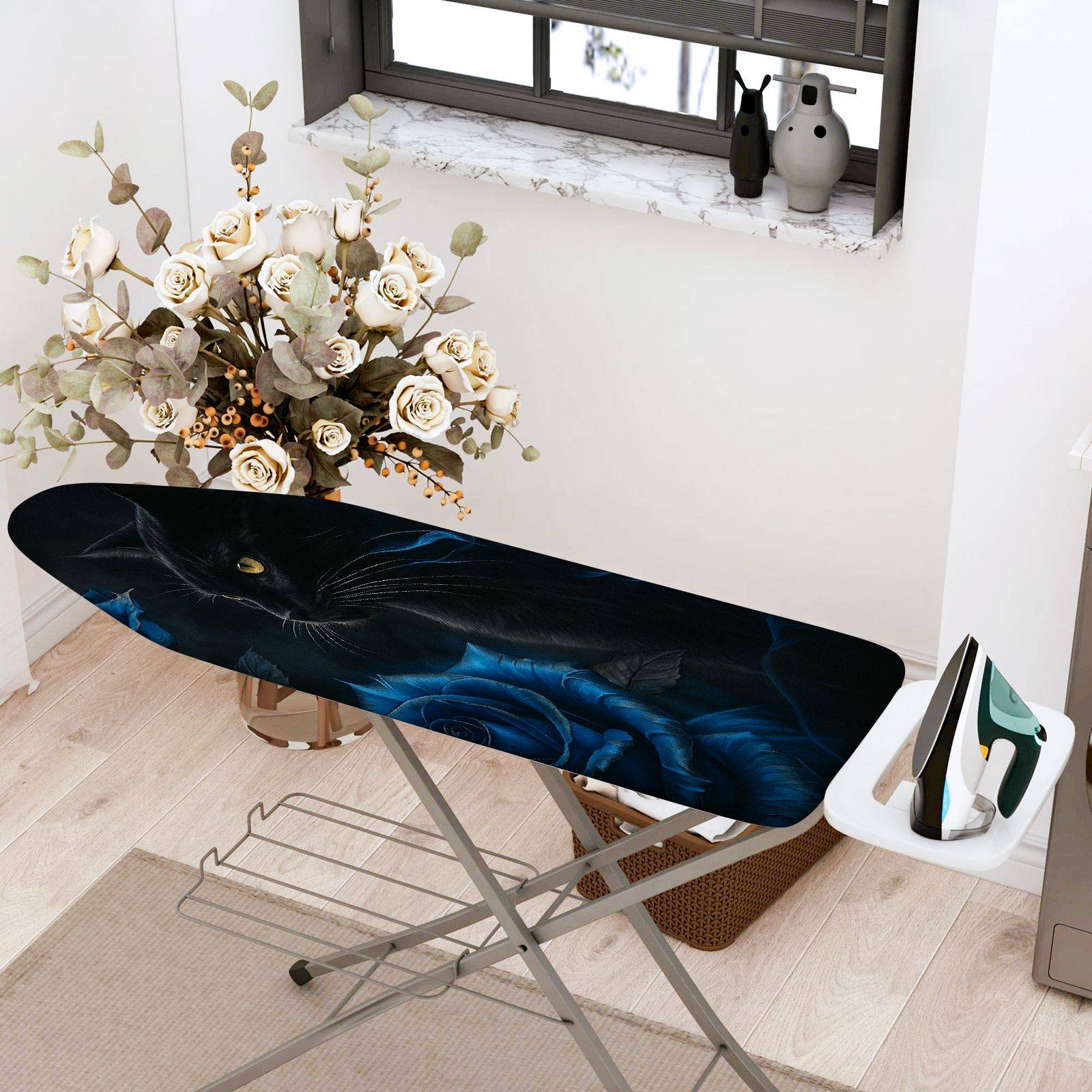 1-Piece Black Cat Blue Rose Dark  Ironing Board Cover, Universal Size, Without Board