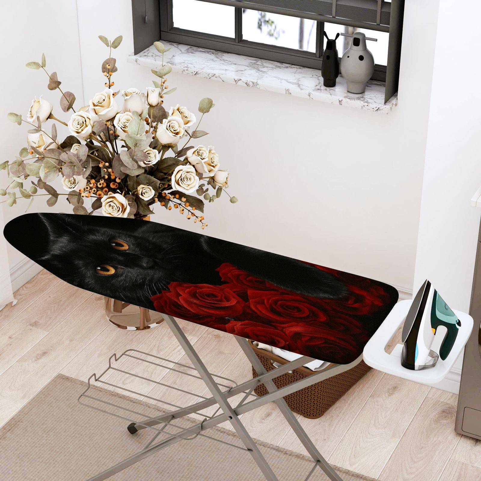 1-Piece Black Cat Red Roses Floral  Ironing Board Cover, Universal Size, Without Board