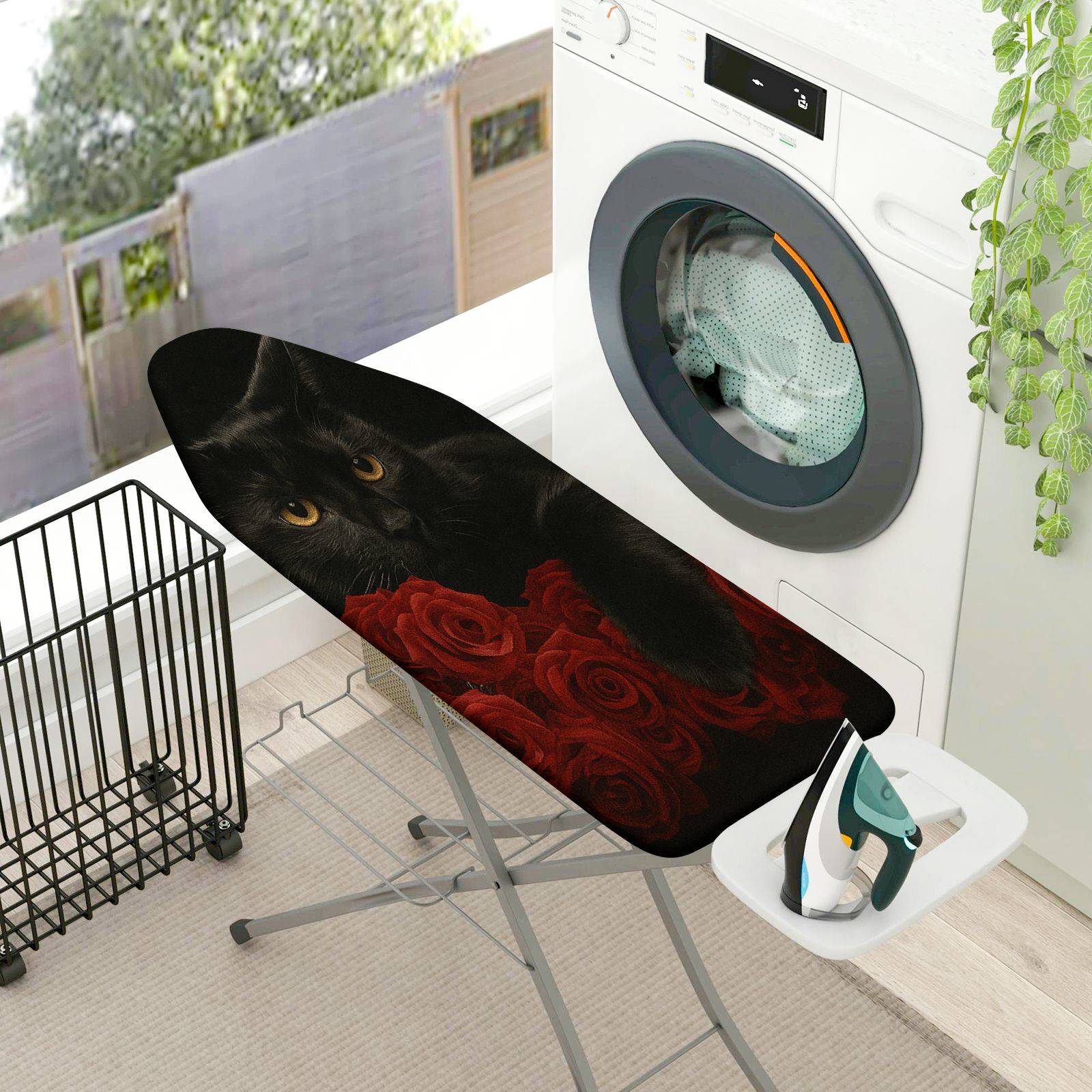 1-Piece Black Cat Roses Red  Ironing Board Cover, Universal Size, Without Board