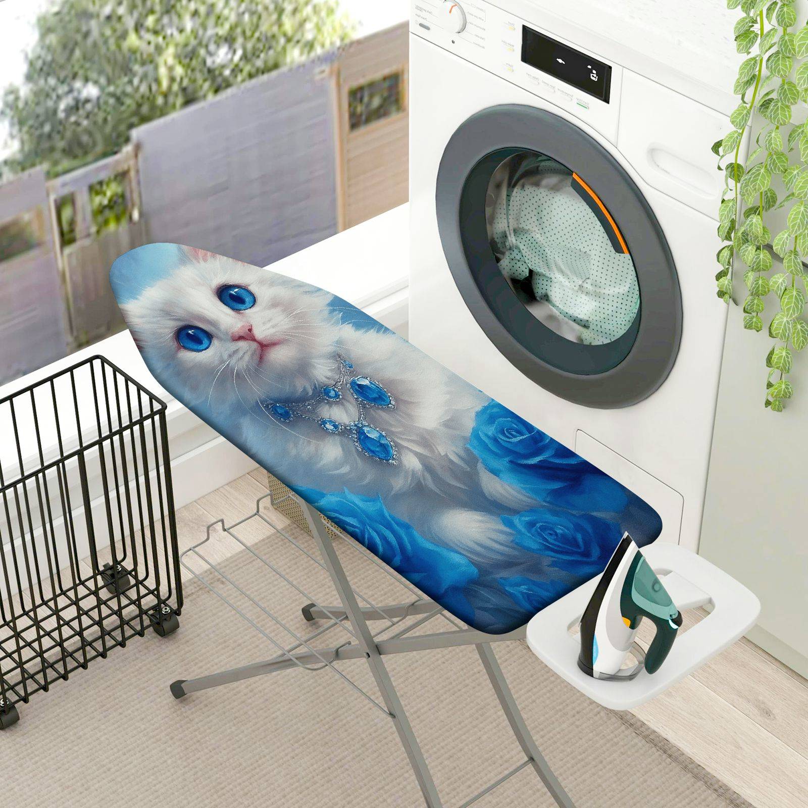 1-Piece Cat Blue Roses Jewelry  Ironing Board Cover, Universal Size, Without Board