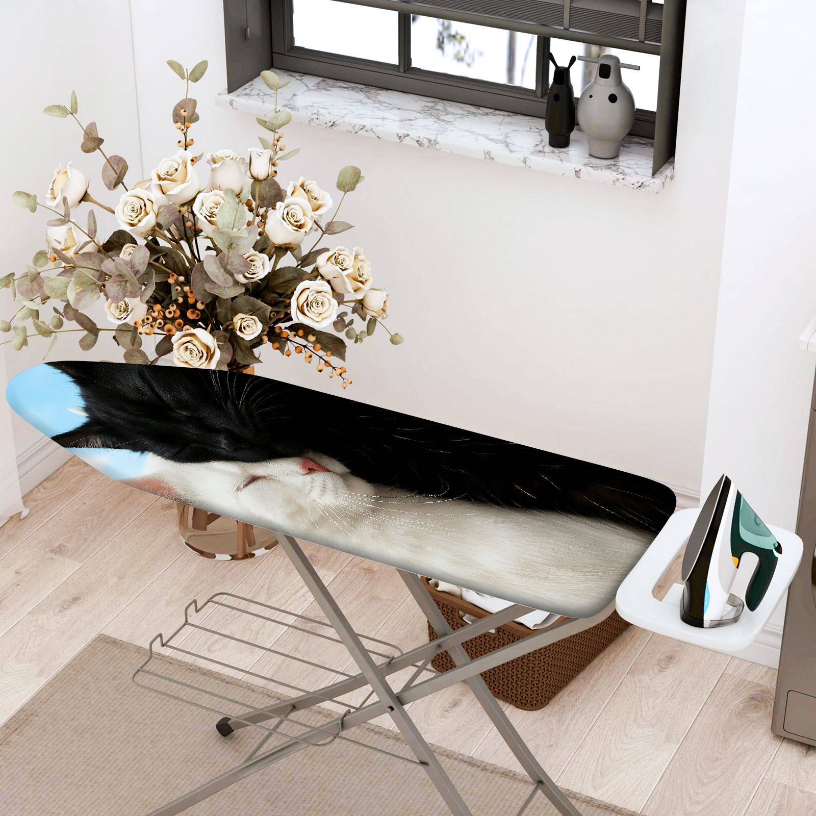 1-Piece Cat Black White Sleeping  Ironing Board Cover, Universal Size, Without Board