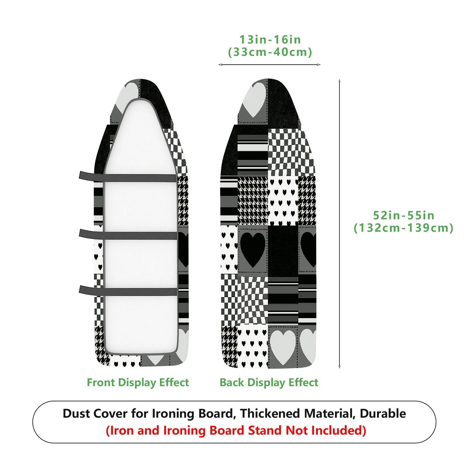 1-Piece Black White Heart Pattern Checkered Striped  Ironing Board Cover, Universal Size, Without Board