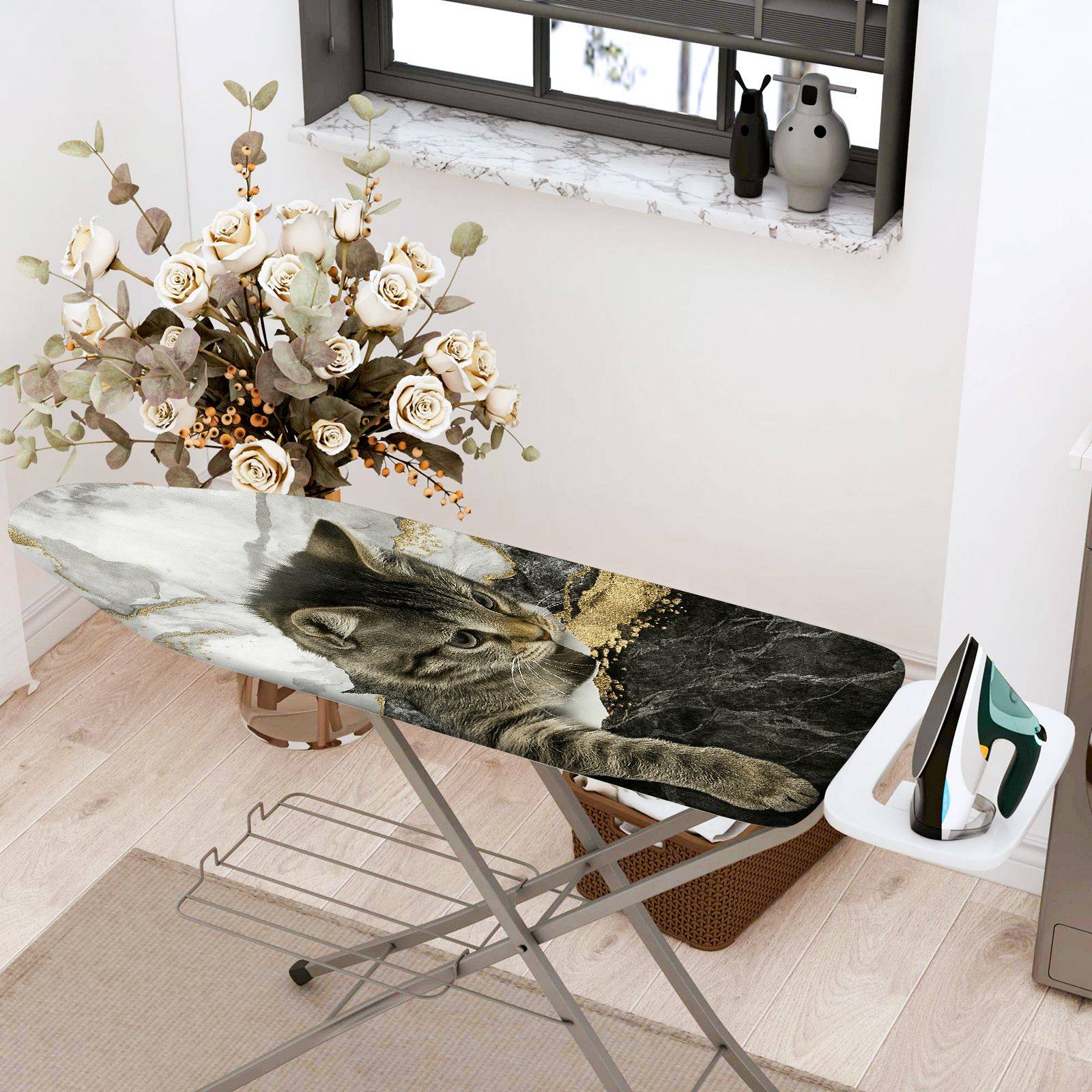 1-Piece Cat Marble Gold  Ironing Board Cover, Universal Size, Without Board