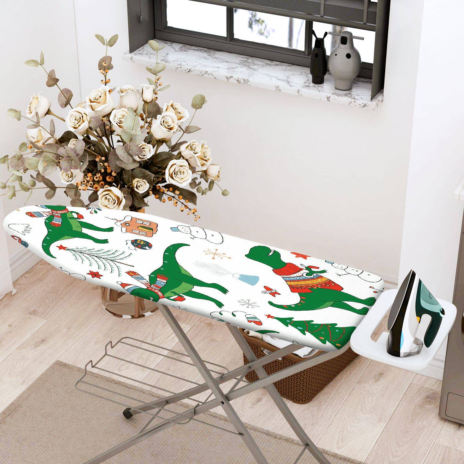 1-Piece Dinosaur Christmas Snowman  Ironing Board Cover, Universal Size, Without Board