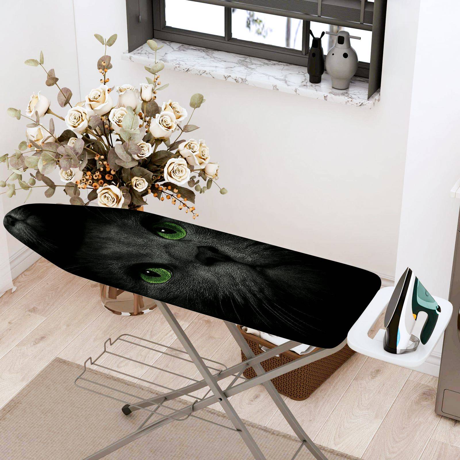 1-Piece Cat Black Green Eyes  Ironing Board Cover, Universal Size, Without Board