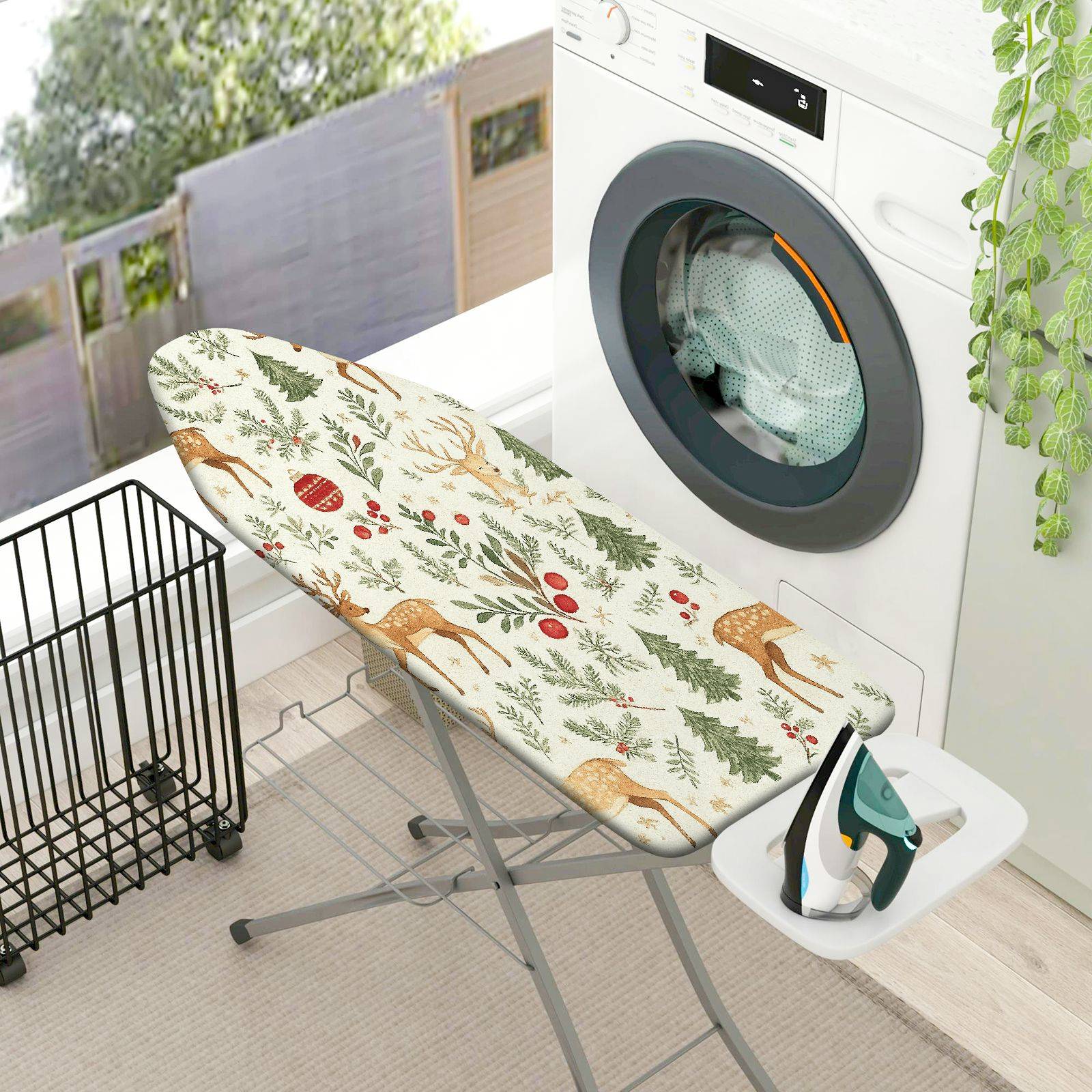 1-Piece Reindeer Evergreen Berries  Ironing Board Cover, Universal Size, Without Board