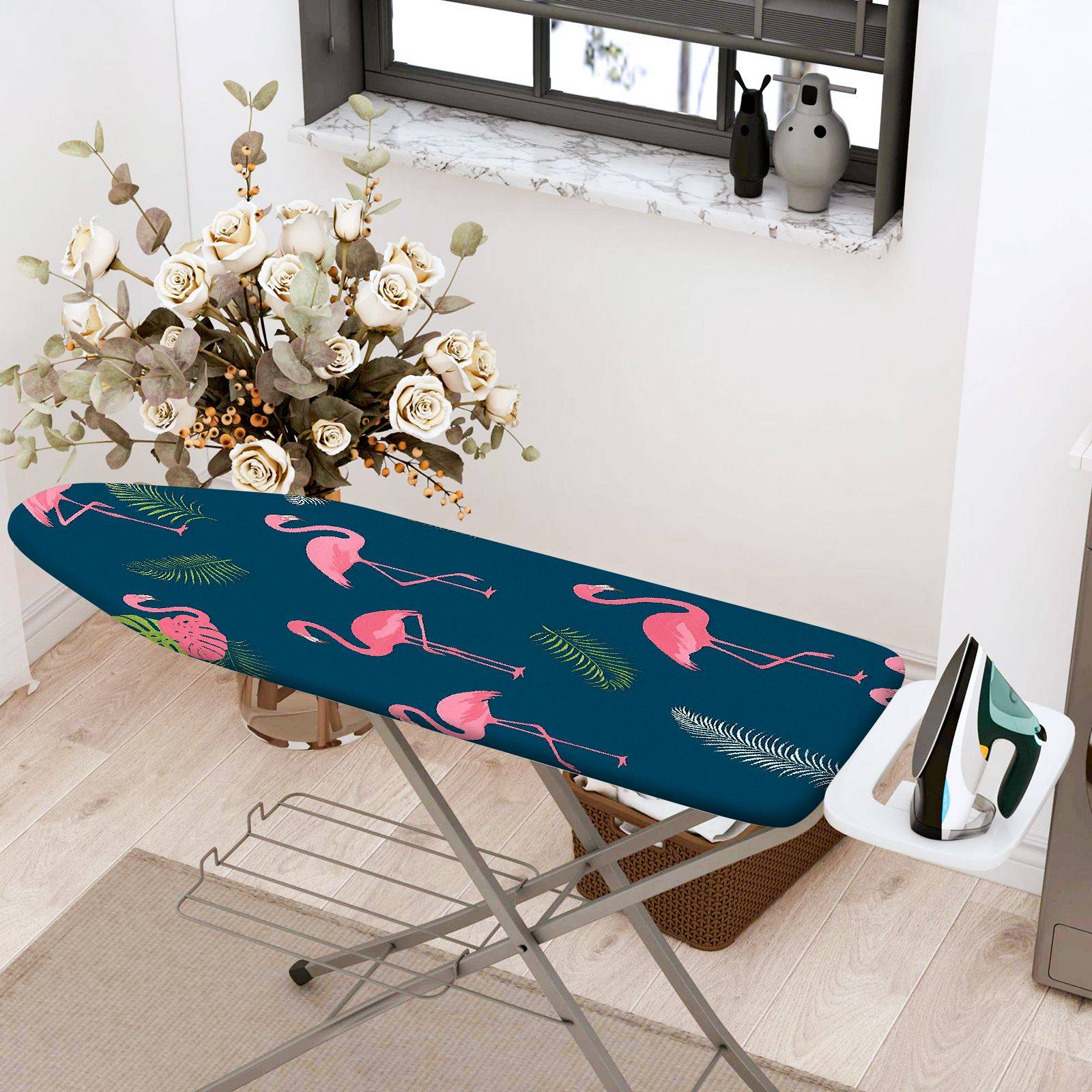 1-Piece Flamingo Tropical Leaves  Ironing Board Cover, Universal Size, Without Board