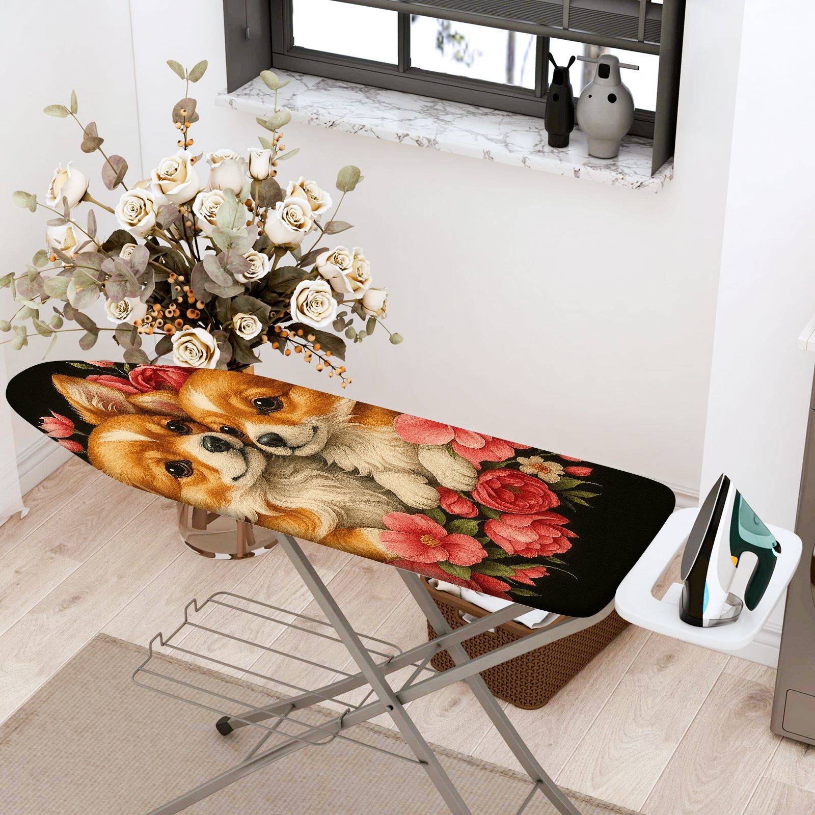 1-Piece Dog Floral Art  Ironing Board Cover, Universal Size, Without Board