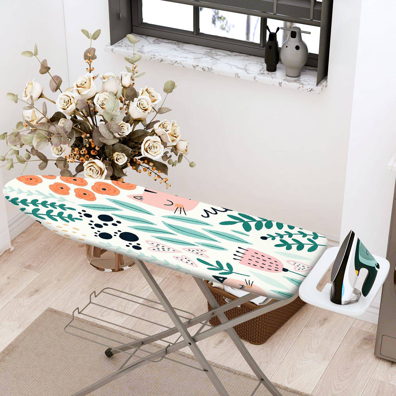 1-Piece Cat Floral Leaf  Ironing Board Cover, Universal Size, Without Board
