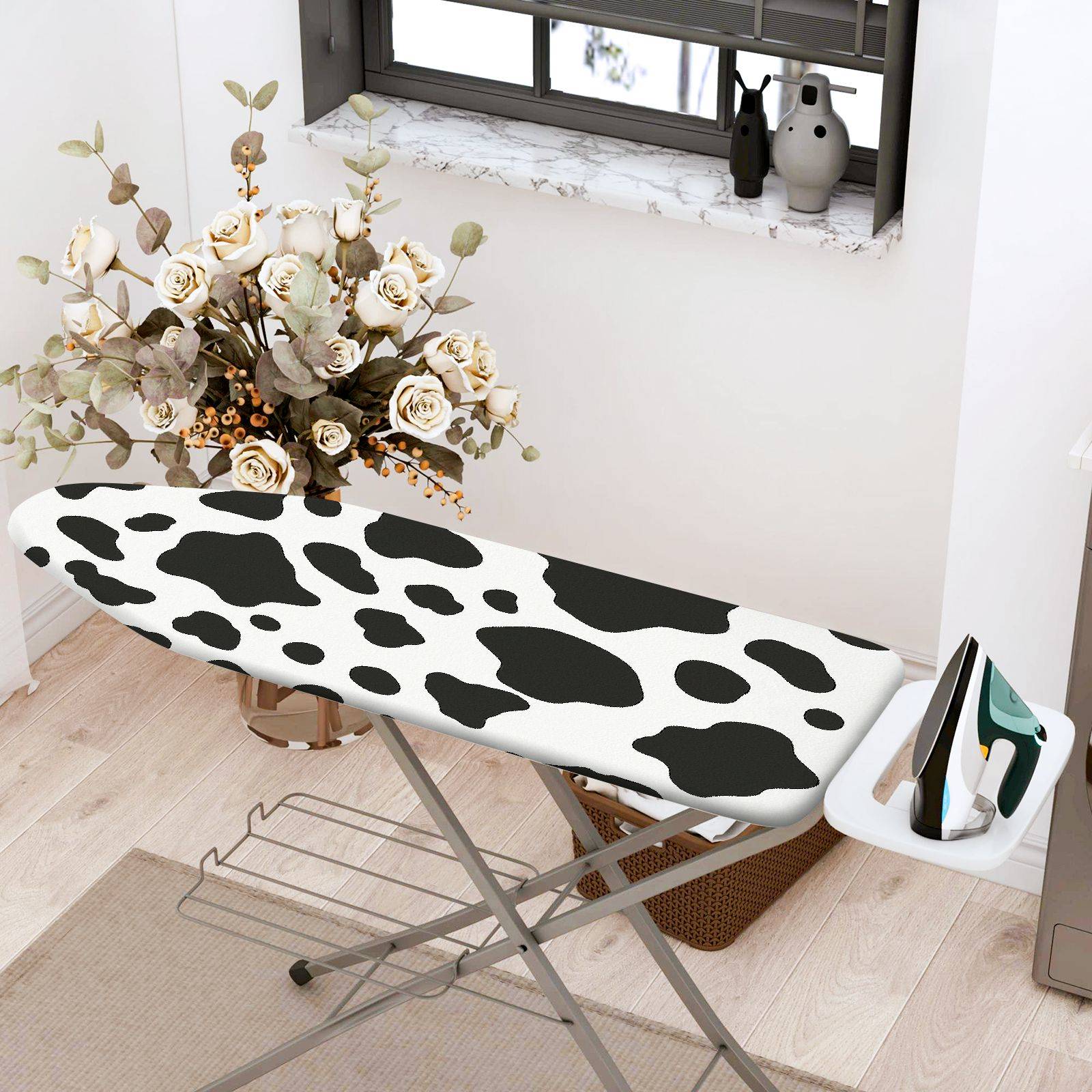 1-Piece Animal Print Cow Pattern Black And White  Ironing Board Cover, Universal Size, Without Board