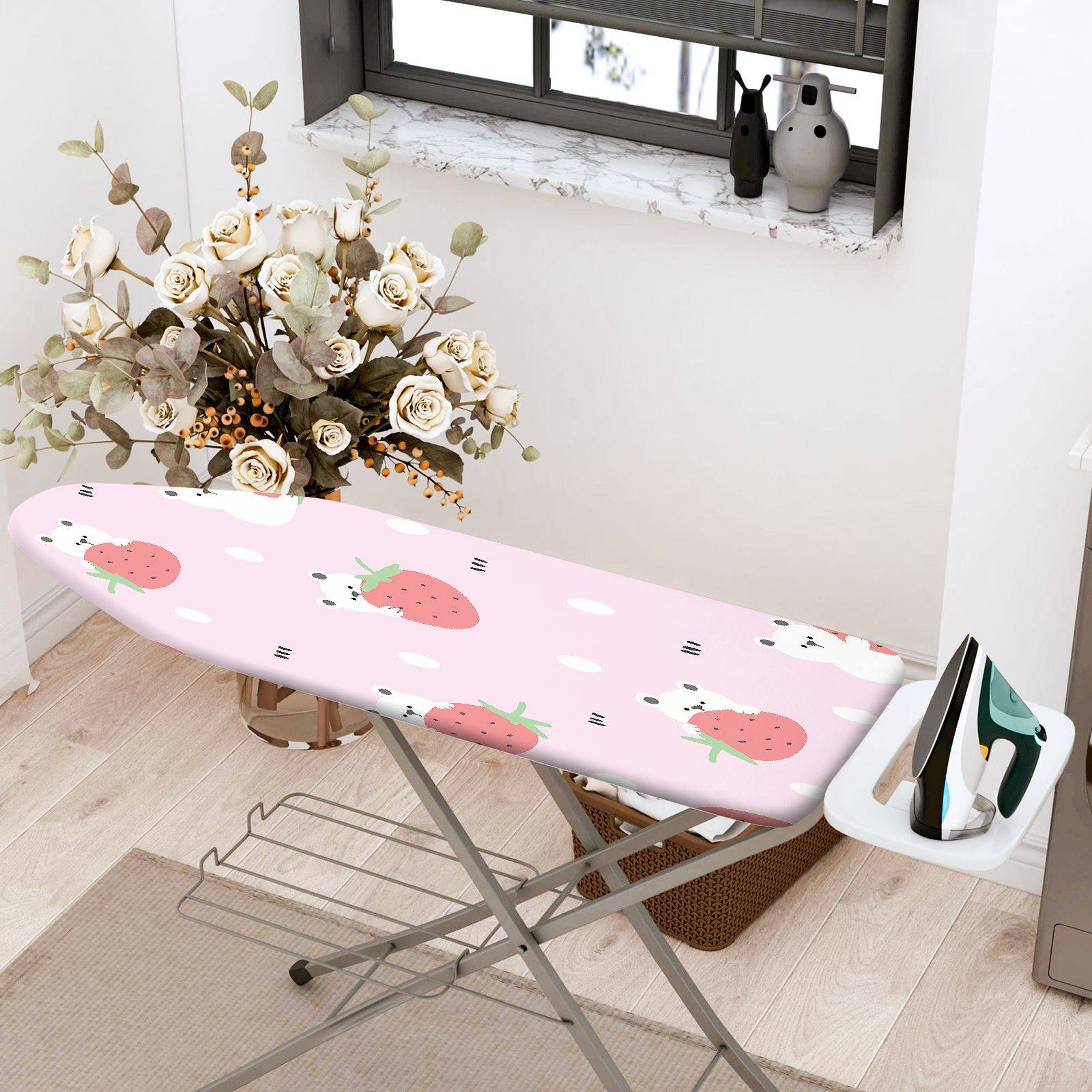 1-Piece Pink Strawberry Bear  Ironing Board Cover, Universal Size, Without Board