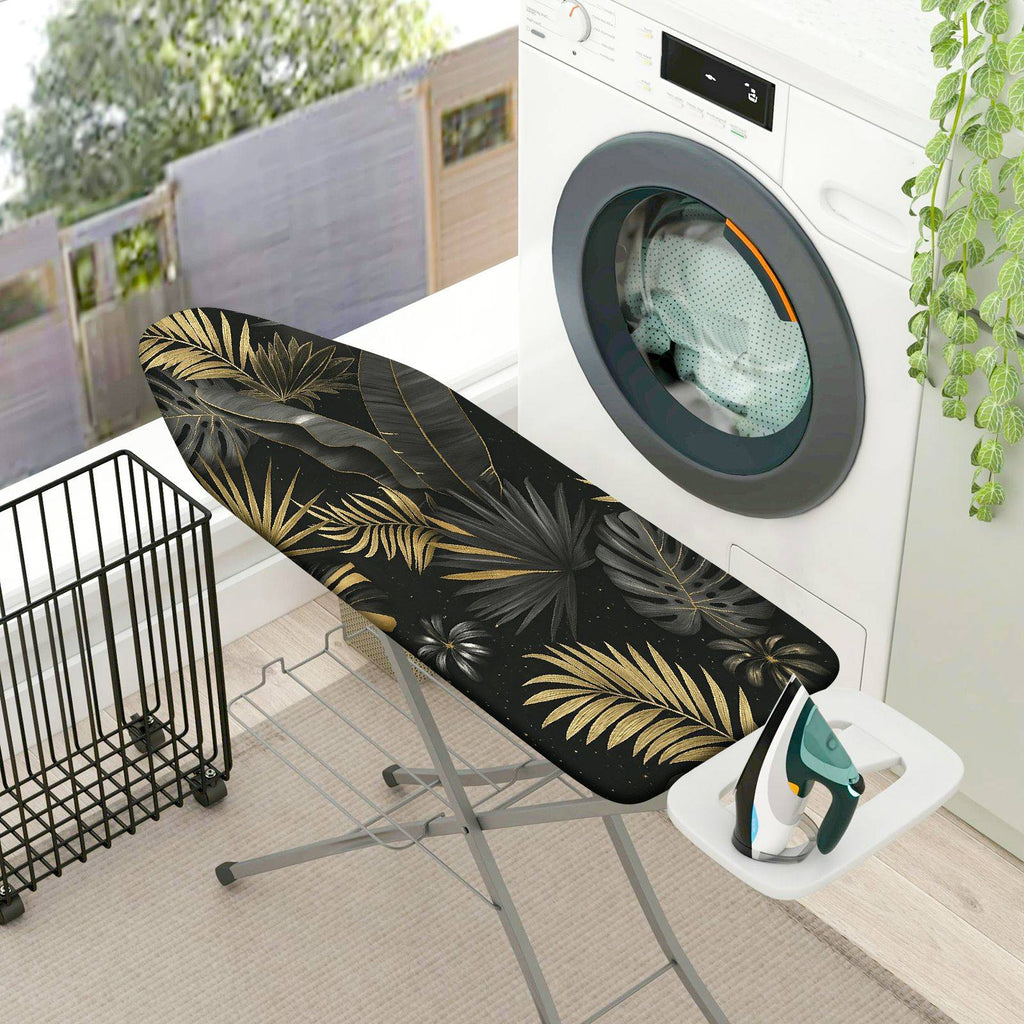 1-Piece Tropical Leaves Black Gold  Ironing Board Cover, Universal Size, Without Board