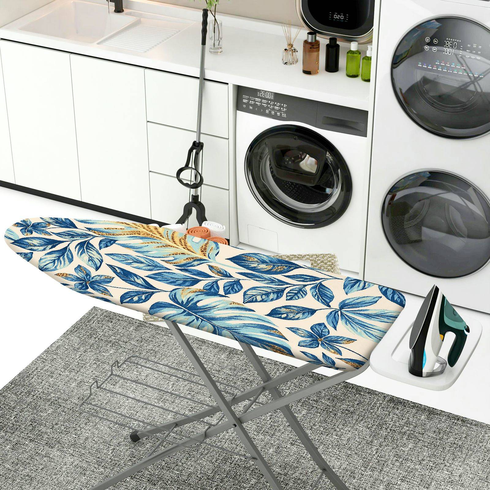 1-Piece Blue Leaf Pattern Nature Tropical  Ironing Board Cover, Universal Size, Without Board