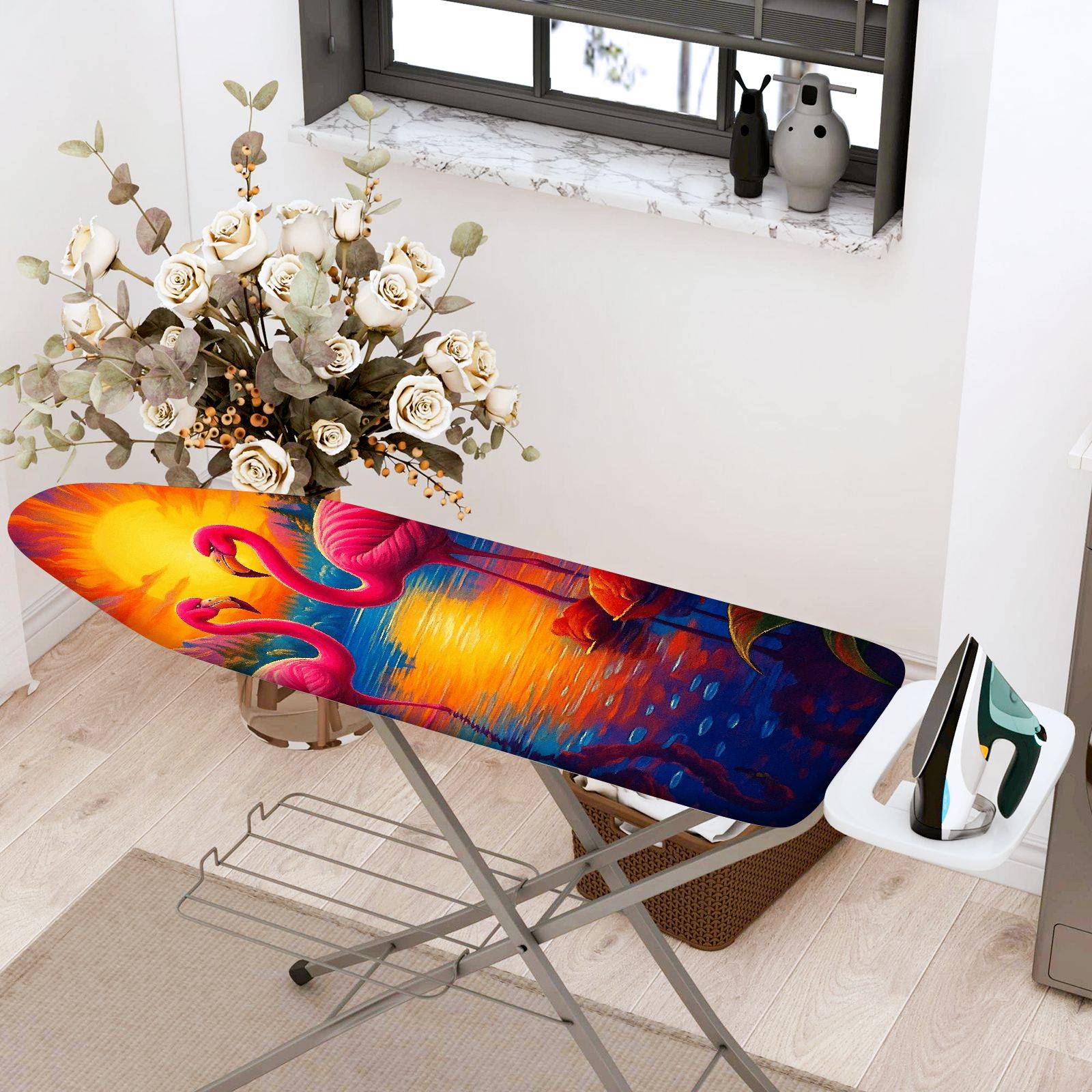 1-Piece Flamingo Tropical Sunset  Ironing Board Cover, Universal Size, Without Board