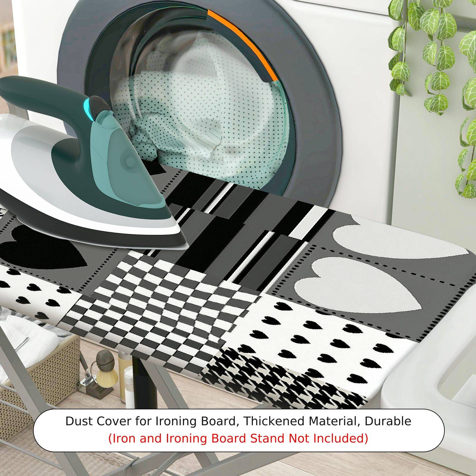 1-Piece Black White Heart Pattern Checkered Striped  Ironing Board Cover, Universal Size, Without Board