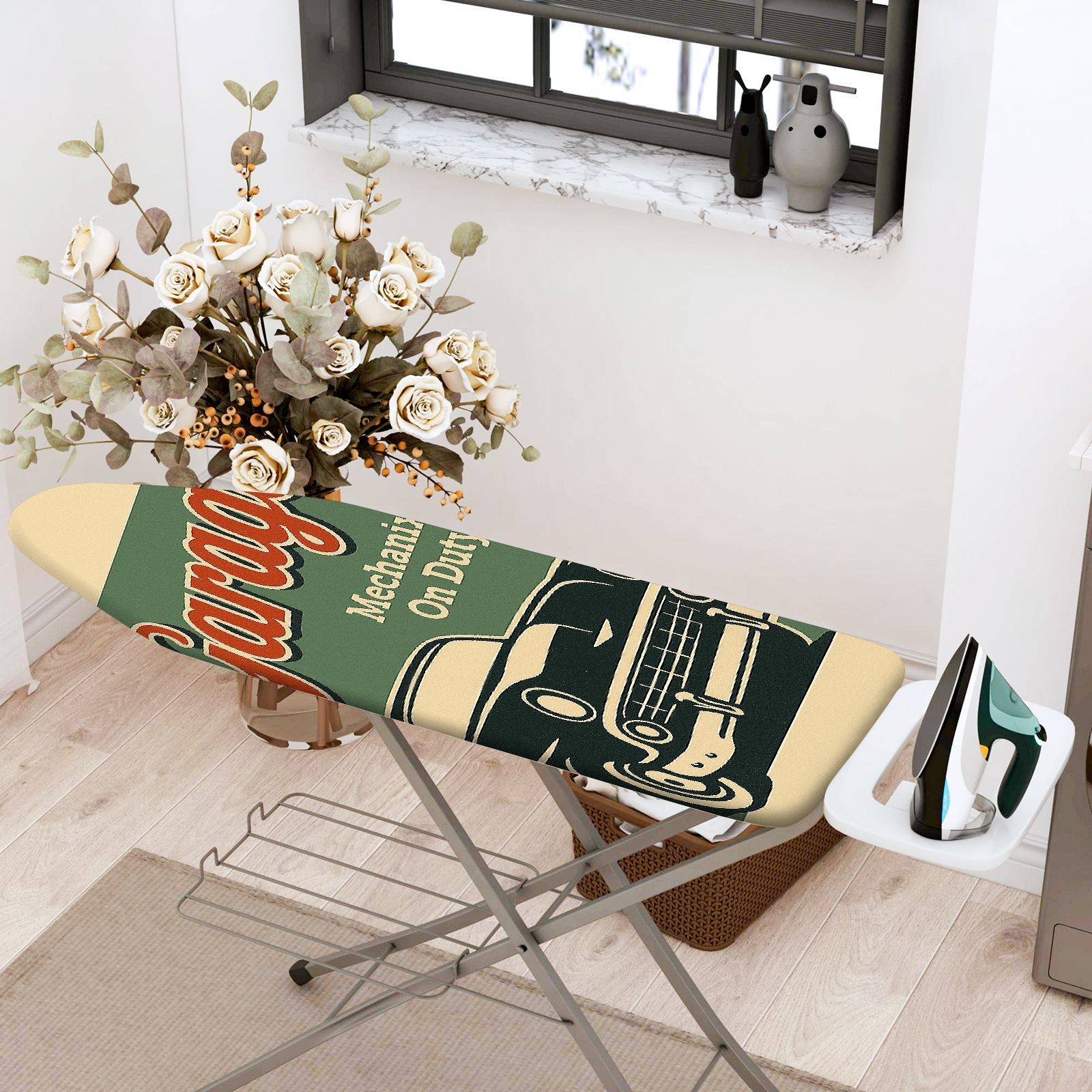 1-Piece Retro Car Garage Mechanic  Ironing Board Cover, Universal Size, Without Board