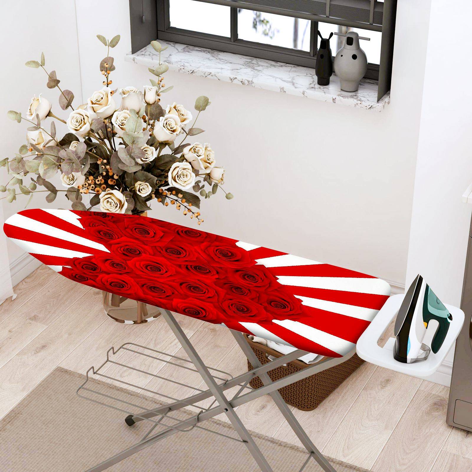 1-Piece Red Rose Striped Floral  Ironing Board Cover, Universal Size, Without Board