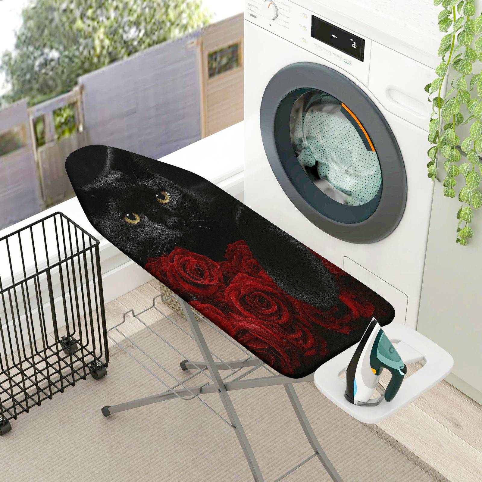 1-Piece Black Cat Rose Floral  Ironing Board Cover, Universal Size, Without Board