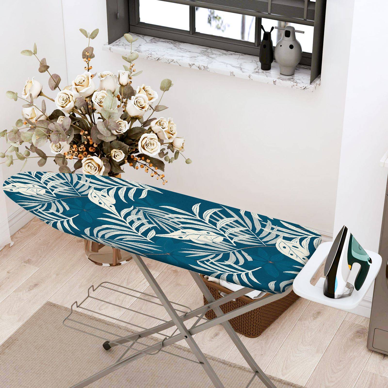 1-Piece Leaf Tropical Pattern Blue  Ironing Board Cover, Universal Size, Without Board