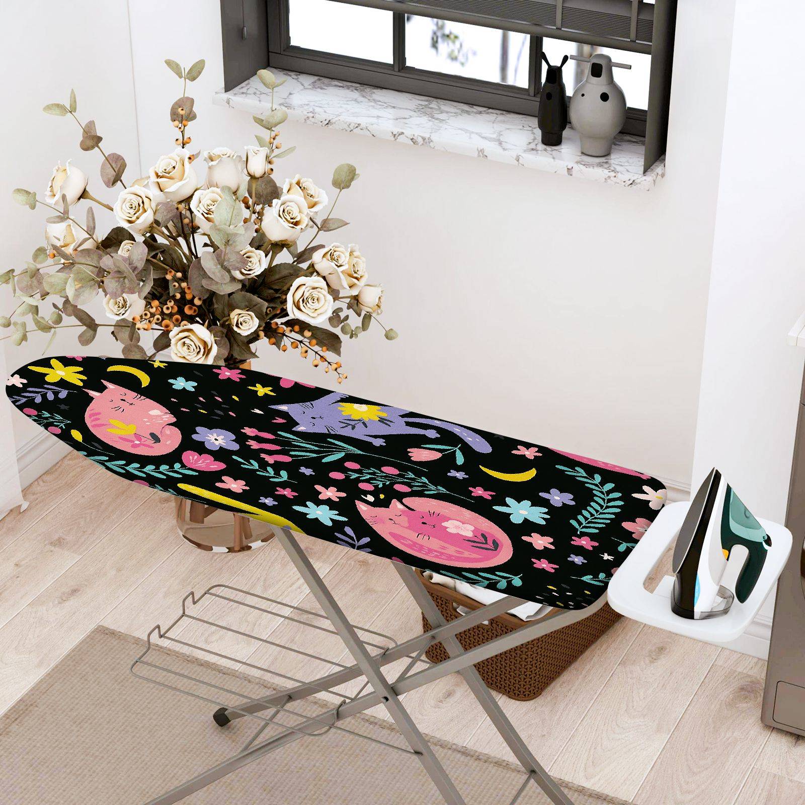 1-Piece Cat Floral Night  Ironing Board Cover, Universal Size, Without Board