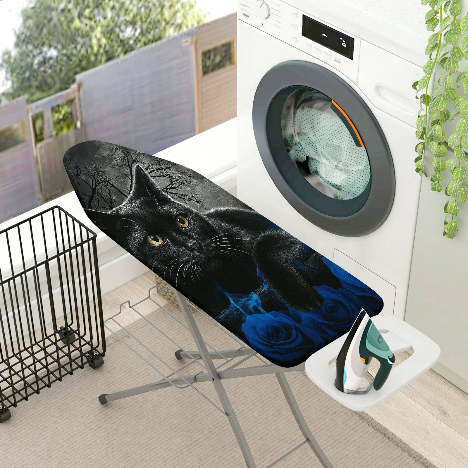 1-Piece Black Cat Halloween Blue Rose  Ironing Board Cover, Universal Size, Without Board
